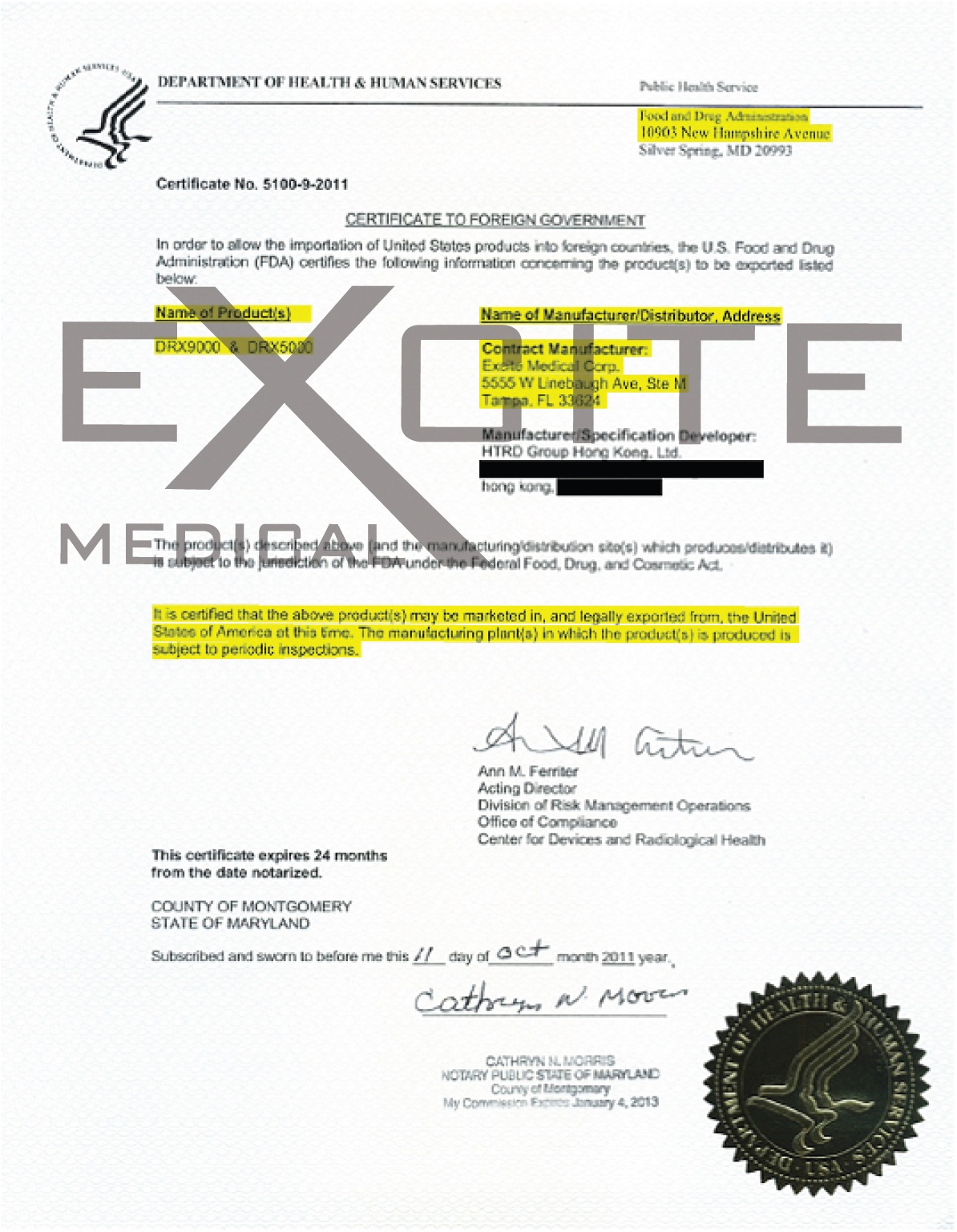 Сертификат FDA для иностранных правительств 5100-9-2011